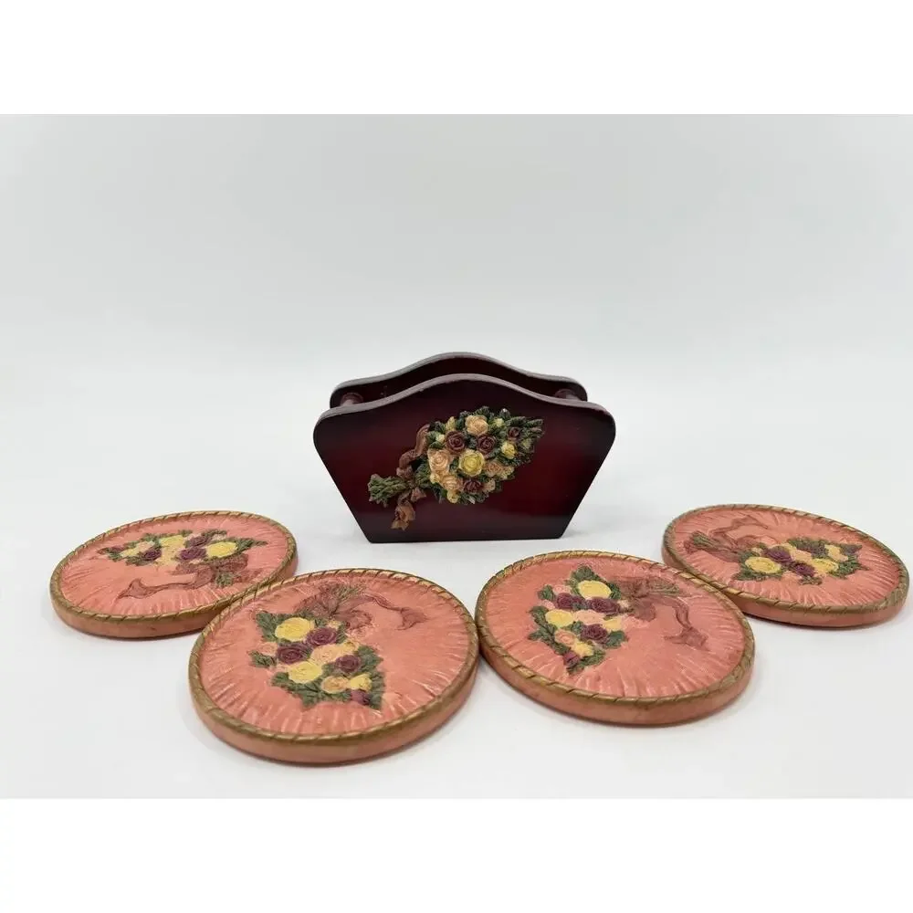 Chinese Stone Floral Rose Drink Coasters with Wooden Holder Burgundy Pink